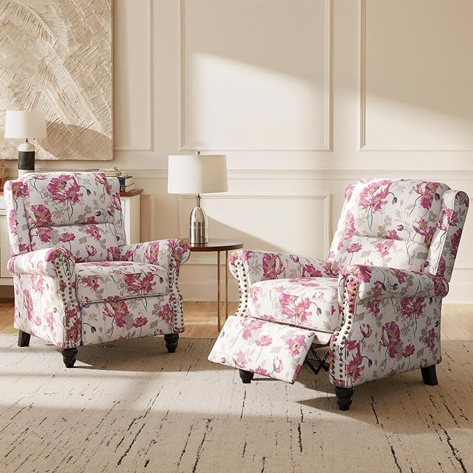 Lumibee Pushback Recliner Chair,Upholstered Wingback Chair for Small Spaces,2 Set of Floral Fabric Armchair for Living Room,Single Sofa Accent Chair Reading Seat for Balcony,Bedroom-Pattern White