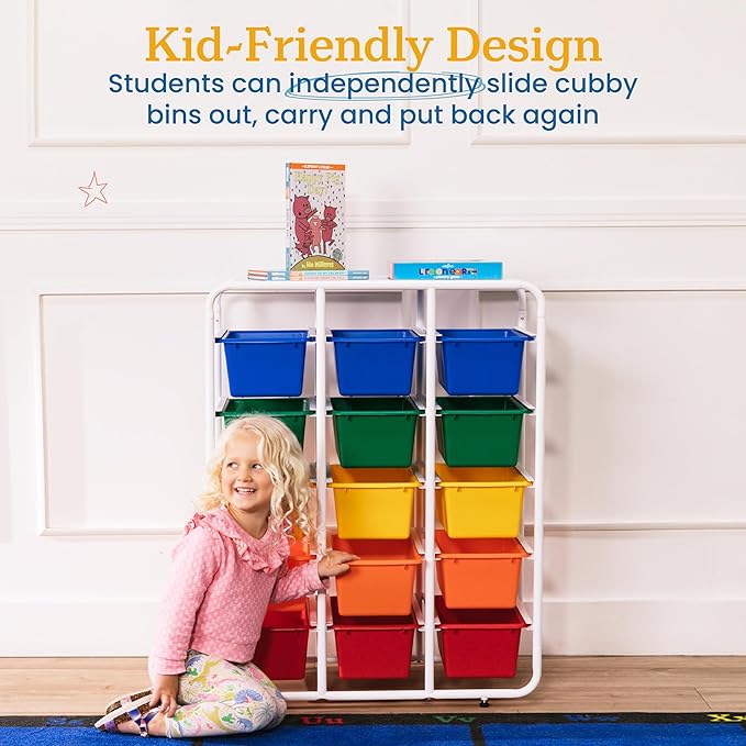 ECR4Kids 5-Tier Storage Rack with 15 Cubby Bins 5x3, Multipurpose Organization, Assorted