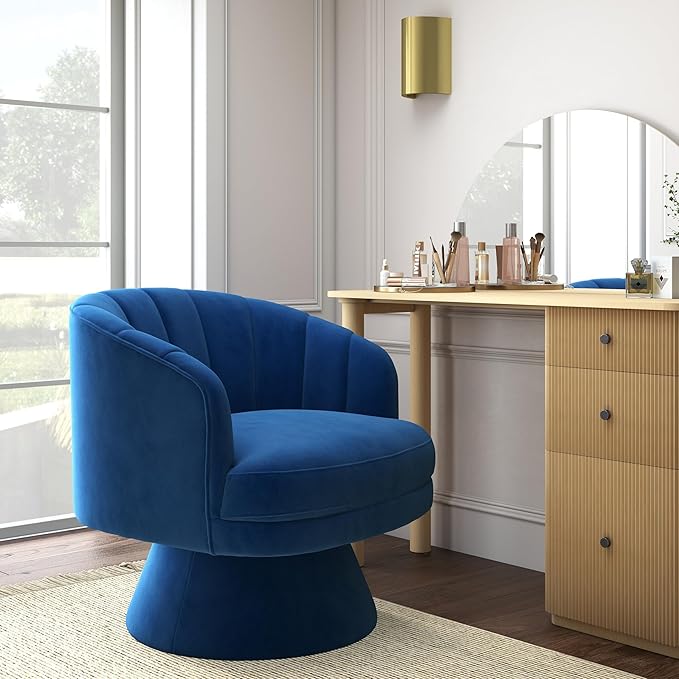 Swivel Accent Chair,Upholstered Velvet 360° Swivel Barrel Chair for Living Room Overstuffed Bouncle Reading Chair Round Armchair for Bedroom,Vanity,Office (Navy)