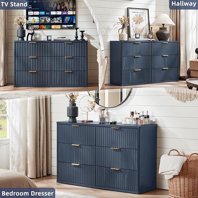 LEYAOYAO Fluted 6 Drawers Dresser for Bedroom, 48" Wide Modern Chest of Drawers with Metal Handle, Navy Blue Curved Profile Farmhouse Closet Organizer Wood Dressers TV Stand for Living Room, Hallway