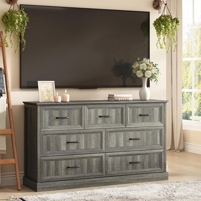 Farmhouse 7 Drawer Dresser for Bedroom, 55 Inch Wide Modern Grey Dresser TV Stand with Large Drawers & Bar Handles, Rustic Wood Chest of Drawers for Bedroom, Living Room