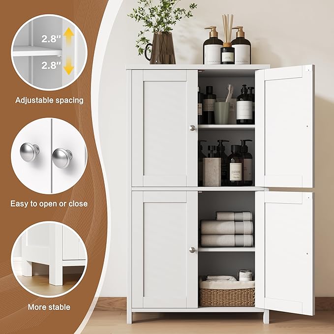 Nuturelly Bathroom Floor Storage Cabinet, Bathroom Organizers and Storage with Top Board & Metal Handles for Kitchen, White