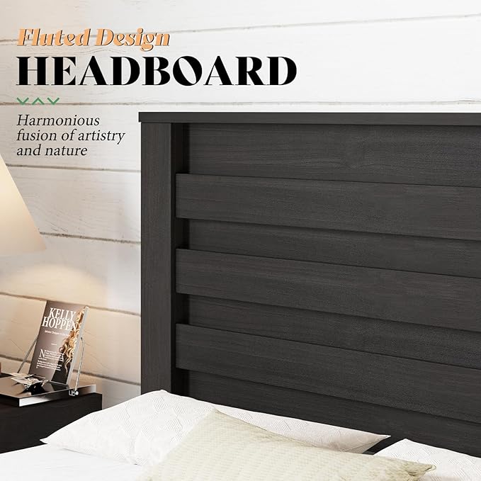 AMERLIFE Farmhouse King Size Bed Frame with 49" Fluted Headboard, Wood Platform Bed with Natural Grain, No Box Spring Needed/Noise Free, Black