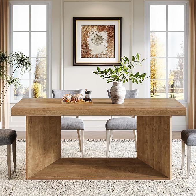 Tribesigns 63-Inch Dining Table for 4-6, Farmhouse Kitchen Table with Heavy Duty Pedestal, Rectangular Wooden Dinner Furniture for Home, Dining Room, Living Room, Brown