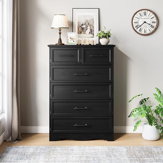 Black Farmhouse Dresser for Bedroom, Modern 6 Chest of Drawers, 44" Tall Chest of Drawers w/Brushed Metal Handle, Wood Closet Organizers and Storage Cabinet for Bedroom, Living Room, Hallway