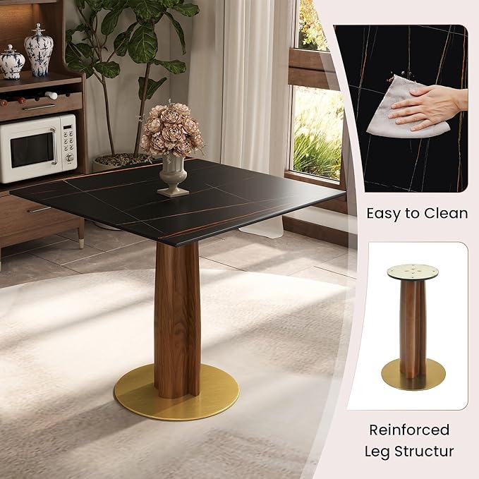Sintered Stone Square Office Table and Chair Set - Meeting Table for Small Offices (Walnut‌ Leg and Black Top, 1 Table and 2 Chairs)