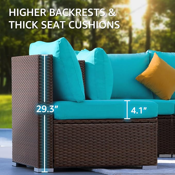 NICESOUL 7 Piece Outdoor Furniture Set with Firepit Natural Gas & Propane, Plus Size Big Modern Patio Conversation Couch, 29.3 High Back Comfy Sectional Sitting Group, Brown Rattan and Teal Cushoin