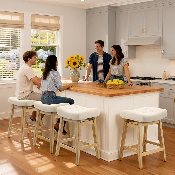 Counter Height Bar Stools Set of 6 for Kitchen Counter Farmhouse Modern Barstools with Upholstered Fabric Backless Seat and Solid Wood Legs 24 inch Bar Chairs, Khaki + Wood Color