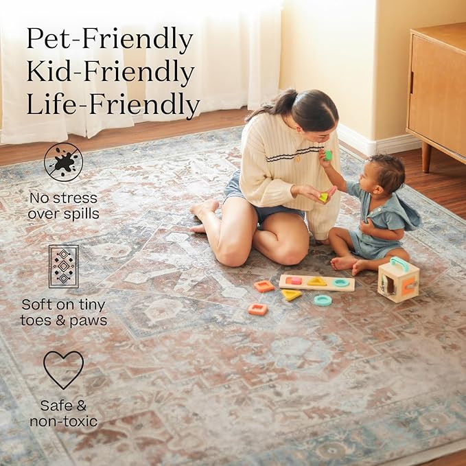 RUGGABLE Washable Vintage Area Rug – Verena Teal Blue 5x7, Stain-Resistant, Non-Slip – Medium Machine Washable Rugs for Living Room, Bedroom, Hallway, Entryway & Office–with Cushioned Pad