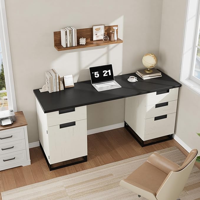GAOMON Farmhouse Executive Desk, 59 Inch Computer Desk, White Home Office Desks with File Drawer and Storage Cabinet, Wood Writing Desks for Bedroom, Home Office, White+Black