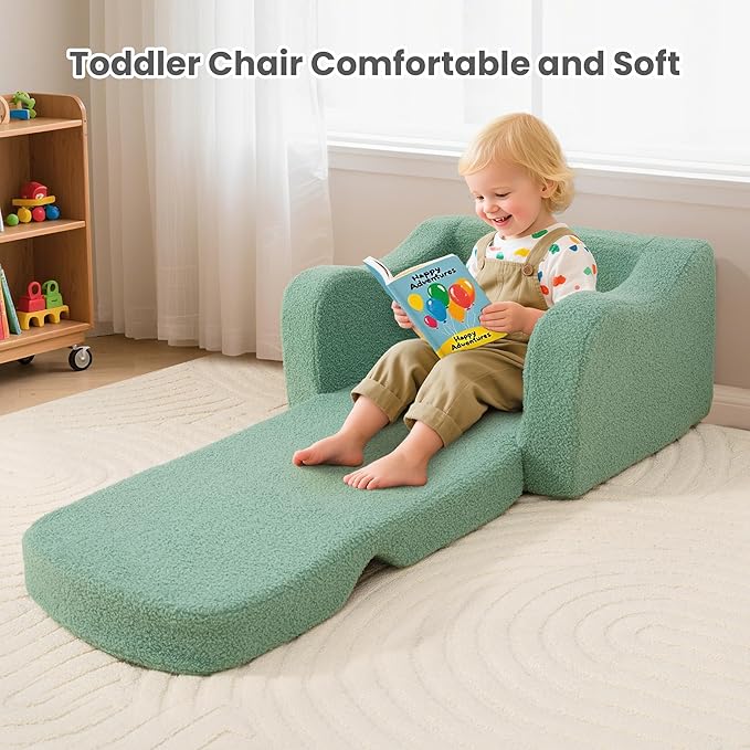 Comfy Toddler Chair & Kids, 2-in-1 Soft Couch Fold Out for Kids, Toddler Chairs Comfy 1-3 Years Old, Convertible Plush Sofa to Lounger for Girls and Boys, Green