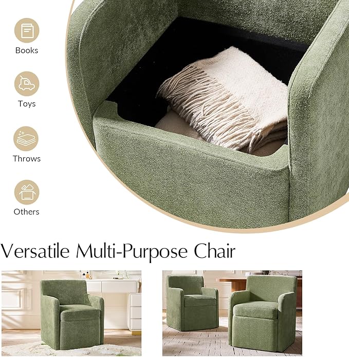 HULALA HOME Upholstered Dining Chair Set of 2 with Smooth-roling Castors, Modern Fabric Side Dining Room Chairs with Built-in Storage, Multi-Purpos Kitchen Chairs for Living Room, Moss
