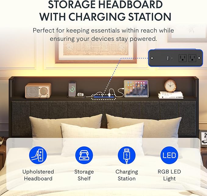 FLEXISPOT BF21Q Adjustable Bed with Storage Headboard and Charging Station, LED Light, Fabric Storage Drawers, Durable and Sturdy, No Box Spring Required, Easy Assembly.