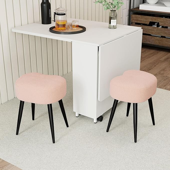 White Vanity Stool, Soft Makeup Stool with Solid Metal Legs for Vanity Corner, Morden Footrest Easy to Assembly (Pink)