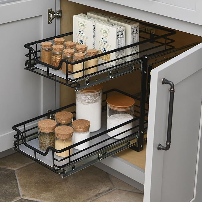Household Essentials Glidez Multipurpose Paint-Finished Steel Pull-Out/Slide-Out Storage Organizer with Plastic Liners for Under Cabinet Use - 2-Tier Dual-Slide Design, Black