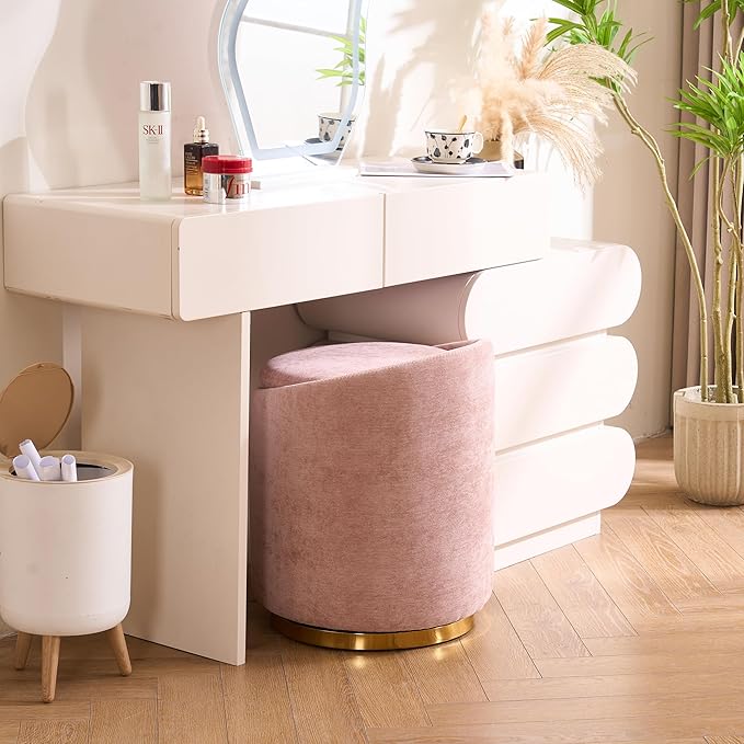 Swivel Vanity Stool with Back Comfy Vanity Chair with Gold Base Modern Round Stool for Makeup Vanity Ottoman Foot Rest for Bedroom livingroom (Pink)