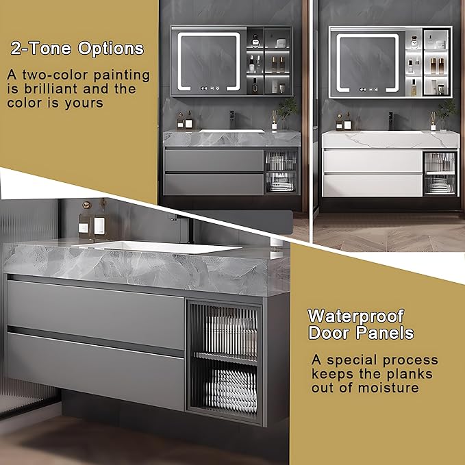 Modern Bathroom Vanity - Wall-Mounted Bathroom Storage & Bathroom Vanities with Sink, Wall Mounted, Defogging & Led Lighting | Bathroom Cabinets Slim