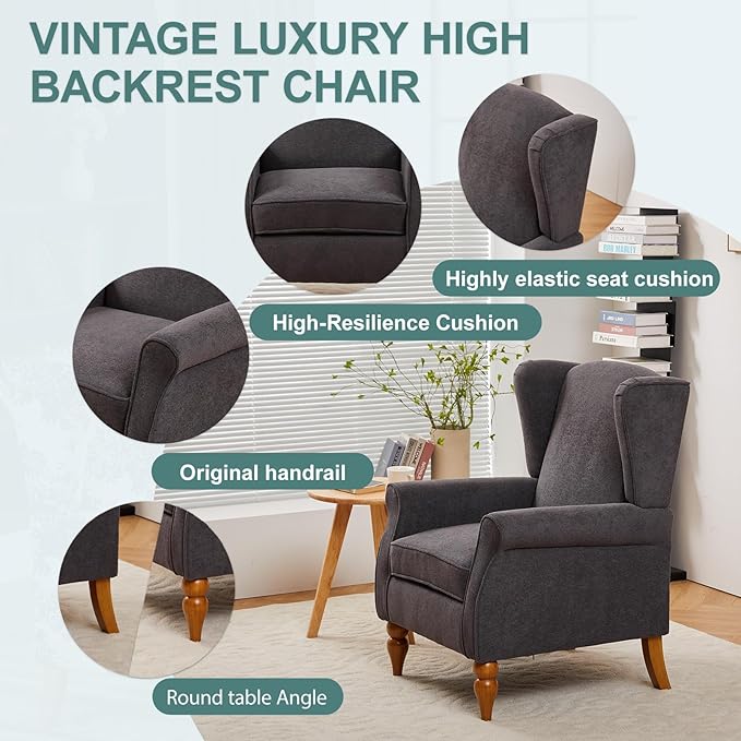 ZMAD Accent Chair, Upholstered High Back Floral Armchair Wood Legs, Comfy Wingback Reading Single Sofa Chair,Plus a Solid Wood Coffee Table for Small Spaces, Living Room, Bedroom (Antique Dark Grey)