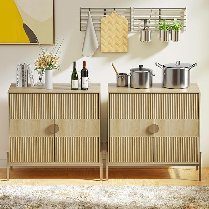 Fluted Sideboard Buffet Cabinet, Modern Credenza with Metal Gold Legs, Wood Accent Sideboard with Storage for Living Room, Dining Room, Kitchen, Entryway(Oak)