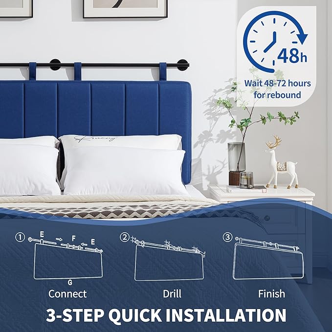 UEV King Headboard Only, Wall Mounted Hanging Upholstered Bed Head Board, Modern Vertical Channel Design of Fine Linen, Elegant Dark Blue Fluted Headboard for Bedroom (Dark Blue, King Size)
