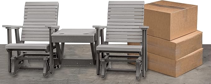 DutchCrafters Modern Horizontal Slat High Back Poly Double Glider Chairs with Center Table Outdoor Patio Furniture (White & Blue)
