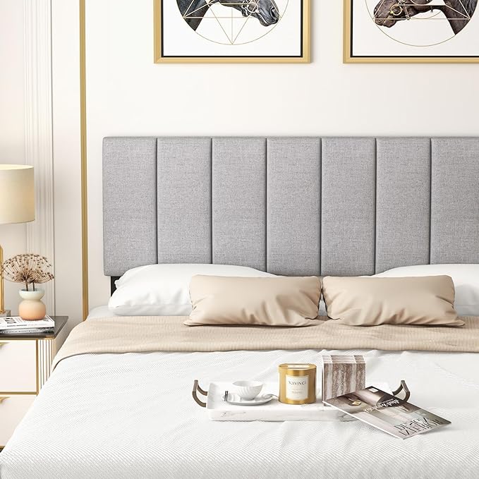 Giantex Linen Upholstered Headboard, Adjustable Width Button Tufted Headboard Only with Solid Wood Legs, Attach Frame, Modern Headboards for Queen Full Size Bed, Gray
