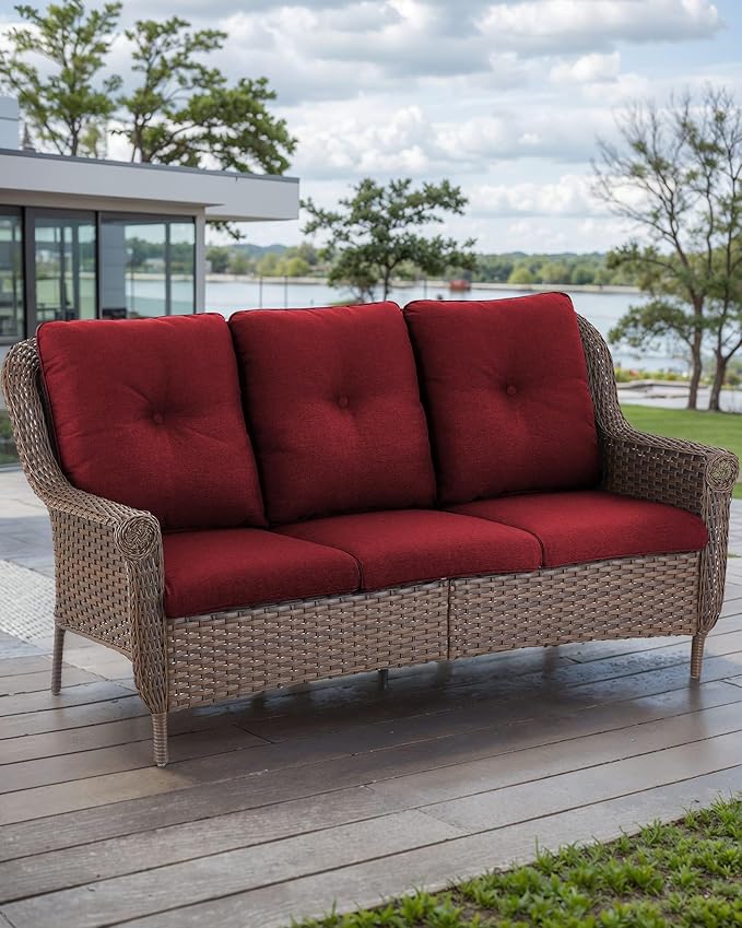 Patio Couch Outdoor Wicker Sofa - Heavy Duty All-Weather Brown Rattan 3-Seater with High Back and Comfortable Thick Cushions for Garden Back Porch Poolside Apartment - Red