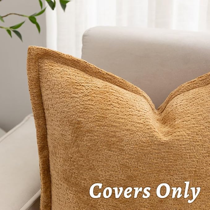 Mustard Yellow Decorative Throw Pillow Covers 24x24 Inch Set of 2 Cozy Soild Chenille Cushion Cases Soft Textured Square Couch Pillows Cover Boho Accent Farmhouse Pillowcases for Bed