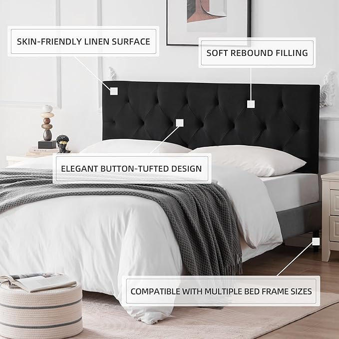 Linen Upholstered Headboard King Size, Modern Diamond Tufting Solid Wood California King Headboard Only, Adjustable Height from 37” to 51” Head Board, Bed Frame or Wall Mount Headboards, Black