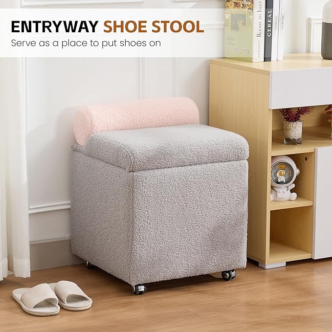 Boucle Vanity Chair with Storage, Swivel Makeup Vanity Chair with Wheels & Safety Hinge, Upholstered Vanity Stool Ottoman for Bedroom, Dressing Room, Grey