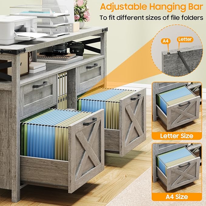Filing Organization Storage Cabinets 4 Drawer with Adjustable Shelf, Lateral Filing Cabinet with Open Storage Shelf for Home Office, Farmhouse File Cabinets for Hanging Files Letter/A4.Gray