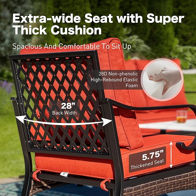 5 Piece Metal Outdoor Patio Furniture Set, Patio Conversation Sets with 3-Seater Sofa, Loveseat, 2 Fixed Sofa (5.75" Thick Cushion) & Coffee Table Black Backyard Furniture, Rust Red