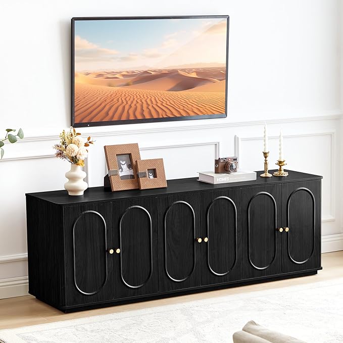 63'' Fluted Sideboard Buffet Cabinet with Storage and 6 Doors, Low Storage Cabinet Modern Wooden Accent Credenza Console Table for Kitchen Dining Living Room Entryway, (63"W*15.75"D*21.4"H) Black