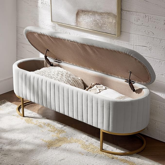 EcoHarbor Living 50.5" Velvet Bedroom Storage Bench Ottoman, Upholstered End of Bed Bench with Gold Legs,Entryway Footrest Seat, Dove