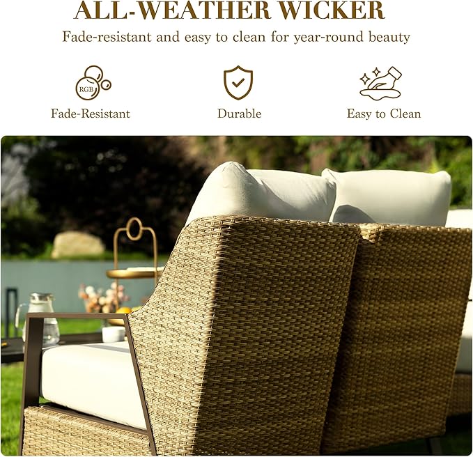 4 Piece Patio Furniture Set, All-Weather Wicker Outdoor Conversation Set with 4.72" Olefin Thick Cushions – 3-Seat Sofa, 2 Armchairs & Coffee Table for Deck, Porch, Balcony, Backyard, Beige