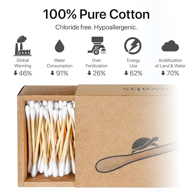 Sea Turtle Bamboo Cotton Swabs (200 Count) - Vegan, Eco Friendly, Organic, Double Tips, Plastic Free Wooden Ear Sticks, All Natural 100% Biodegradable Cotton Buds
