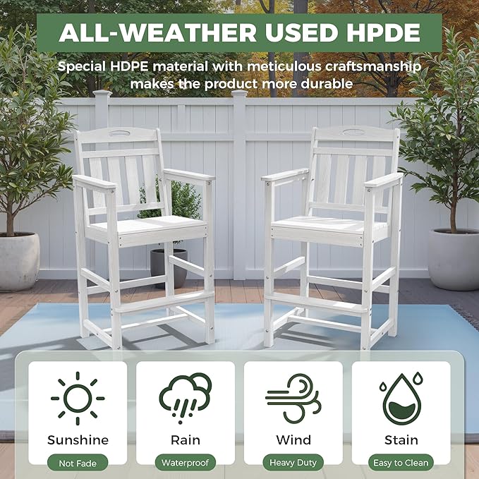 HDPE Outdoor Patio Tall Bar Chair, All-Weather Bar Height Balcony Adirondack Stools for Bistro, Garden, Backyard, Deck | White