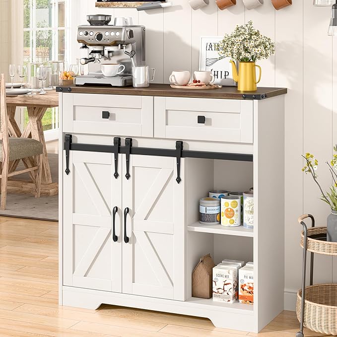 Farmhouse Storage Cabinet With Sliding Barn Doors and Drawers for Bathroom, Kitchen, Living Room - Rustic Style Floor Storage, White