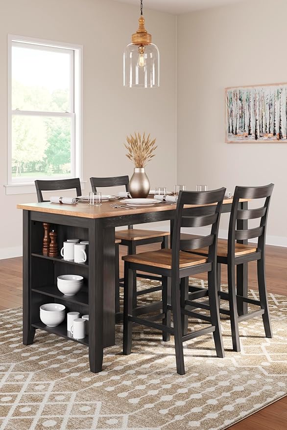 Signature Design by Ashley Gesthaven Contemporary Counter Height Dining Table with 3 Shelves and Trestle Base, Light Brown & Dark Brown