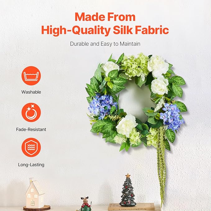 VEVOR Spring Wreath for Front Door 24 Inch - Artificial Hydrangea Wreath with Peonies, Year-Round All Season Outdoor Indoor Decor (Blue White Green Summer Floral)