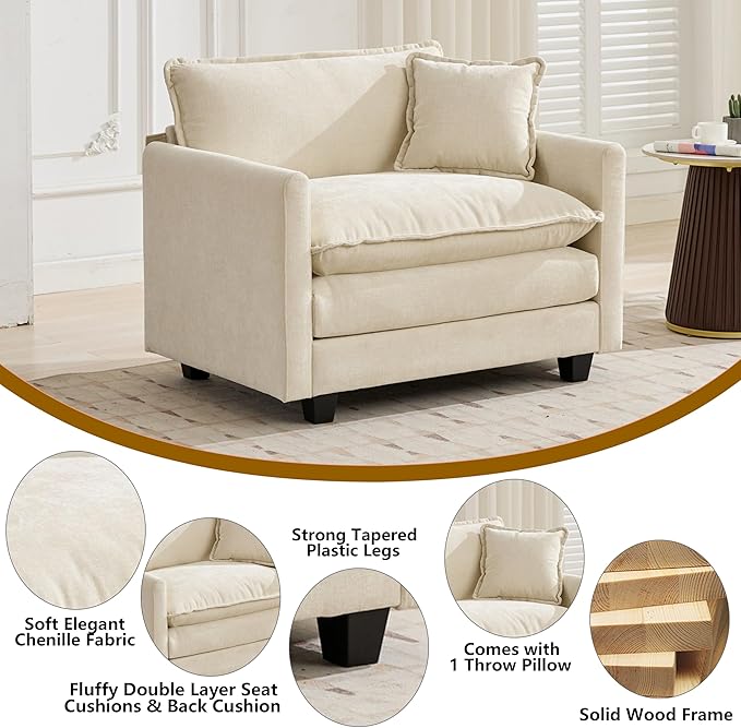 Aoowow Chenille Upholstered Accent Chair Oversized,Fluffy Single Cloud Sofa Chairs with Deep Seat,Modern Large Reading Arm Chair with Throw Pillow for Living Room,Bedroom (Beige, Single Sofa Chair)
