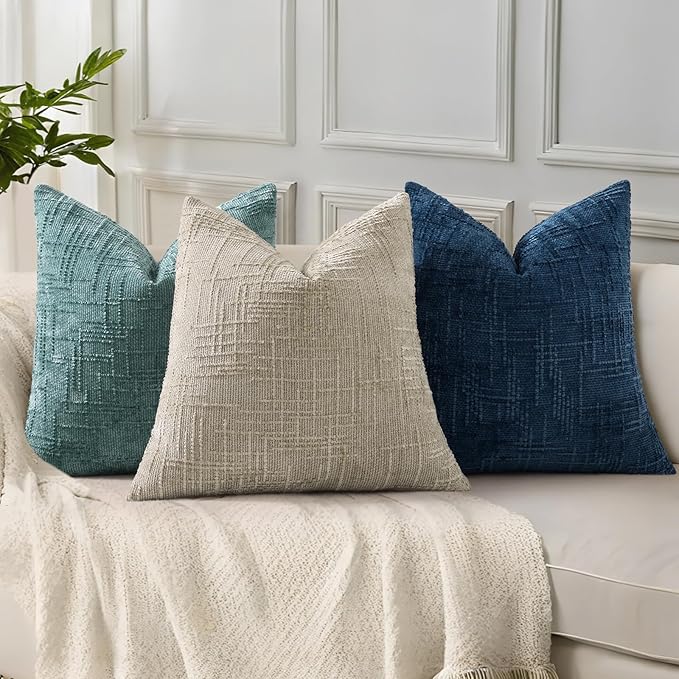 decorUhome Teal Chenille Throw Pillow Covers 16x16 Set of 2 Thick Textured Slubby Couch Pillow Covers Farmhouse Accent Modern Neutral Decorative Pillow Cases for Bed Sofa Living Room