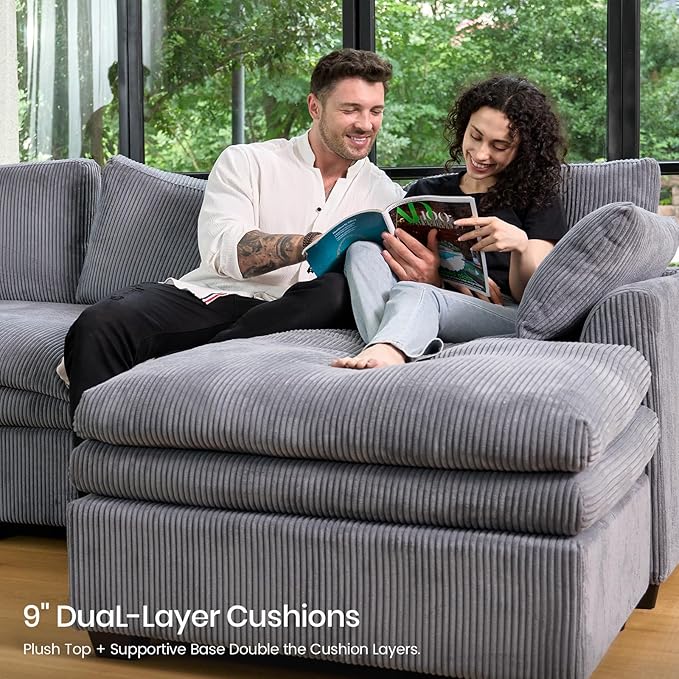 Belffin Large Modular Sectional Sofa with Deep Chaise, Corduroy U Shaped Couch with 9" Soft Dual-Layer 7 Seats Cushion for Living Room, Apartment, Light Grey