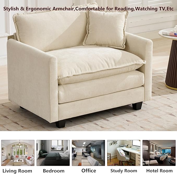 Aoowow Chenille Upholstered Accent Chair Oversized,Fluffy Single Cloud Sofa Chairs with Deep Seat,Modern Large Reading Arm Chair with Throw Pillow for Living Room,Bedroom (Beige, Single Sofa Chair)