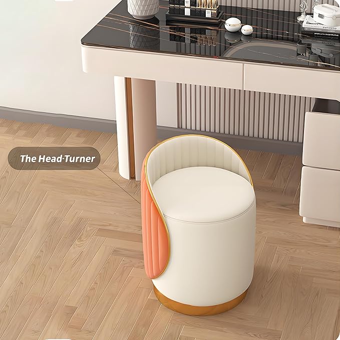 Swivel Round Vanity Stool - with Back Modern Comfy Vanity Chair/upholstered Ottoman Living Room Bedroom Makeup Chair,Off-White
