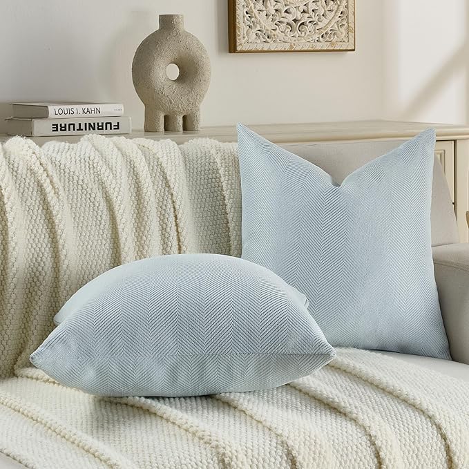 FUTEI Light Blue Chenille Throw Pillow Covers 22x22 Inch Set of 2,Soft Wide Chevron Textured Cushion Case,Farmhouse Home Decor for Couch Bed Living Room