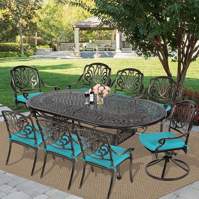 MEETWARM 9-Piece Outdoor Patio Dining Set, All-Weather Cast Aluminum Patio Conversation Set with 2 Swivel Rocker Chairs, 6 Stationary, 1 Oval Table, 8 Cushions, 2" Umbrella Hole, Ocean Blue