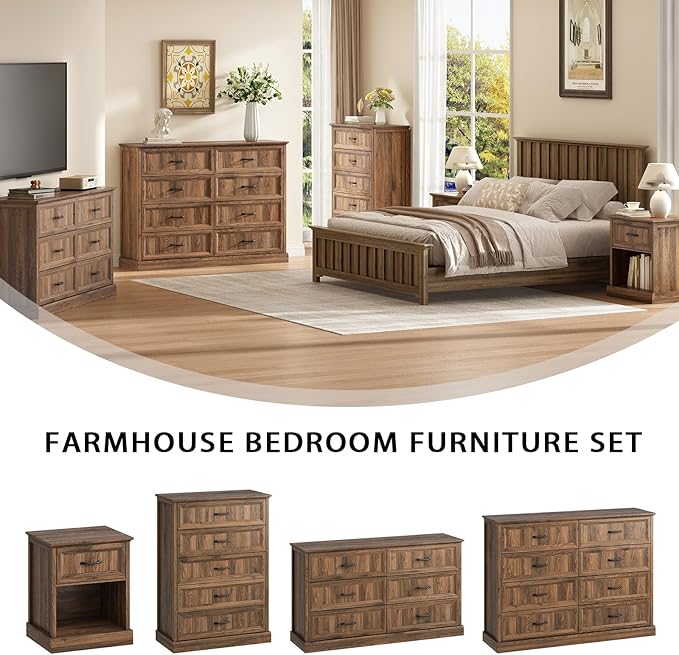 CARPETNAL Farmhouse 8 Drawer Dresser for Bedroom, 55 Inch Wide Modern Brown Dresser TV Stand with Large Drawers & Bar Handles, Rustic Wood Chest of Drawers for Bedroom, Living Room, Hallway, Entryway.