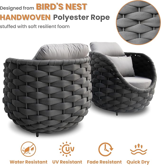 Modern Outdoor Living Room Furniture Set: 4-Piece Alumunim Assembled Woven Rope Accent Patio Conversation Set, All-Weather Lounge Sofa Set for Porch Backyard Garden Deck Poolside Hotel