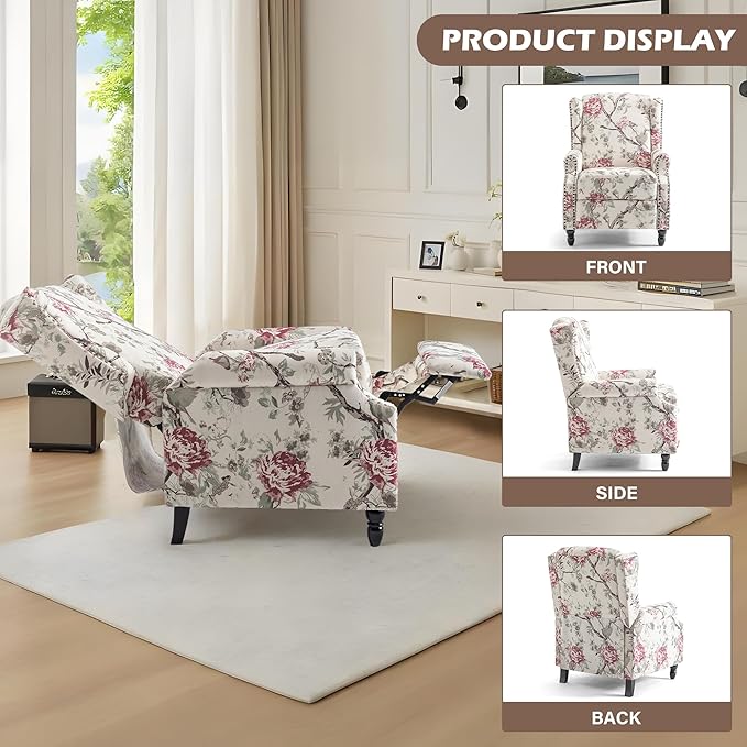 UIXE Pushback Floral Recliner Chair, Fabric Upholstered Armchair Push Back Accent Chair for Living Room, Rivet Trim Club Chair Home Theater Single Sofa Reading Seat - Beige Floral